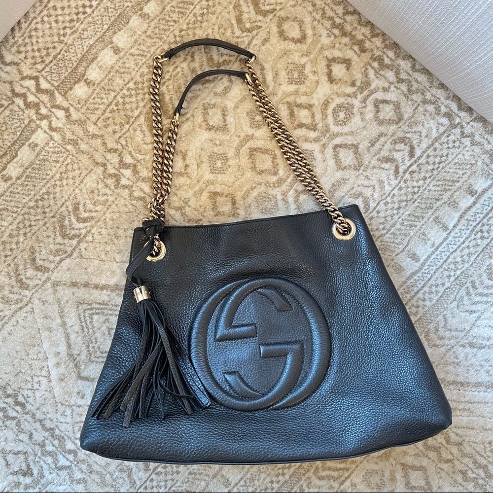 Gucci Soho Tote Small Double Chain Black Pebbled Leather